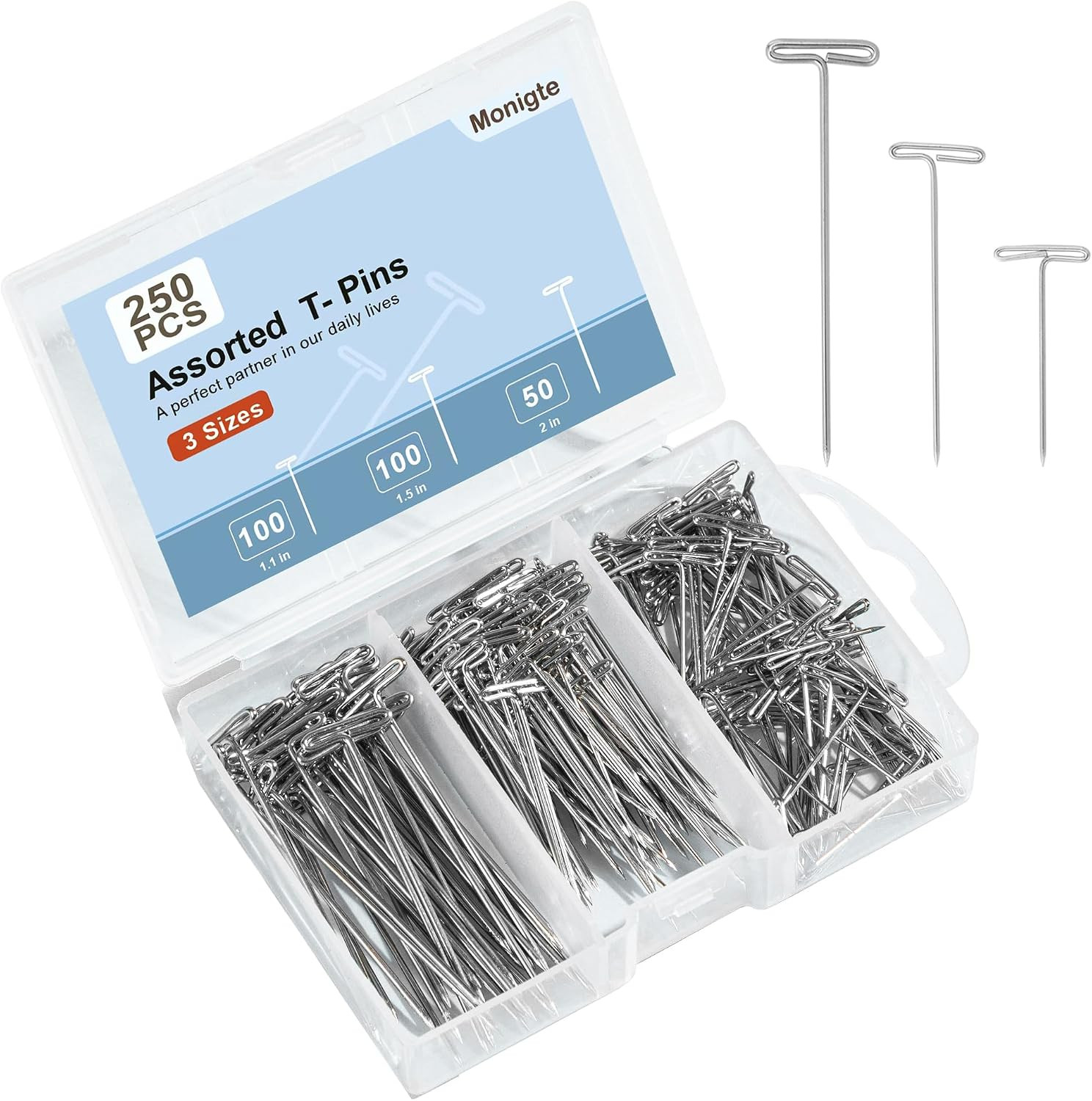 250Pcs T Pins Stainless Steel Assorted Sizes For Wigs Blocking Quilting