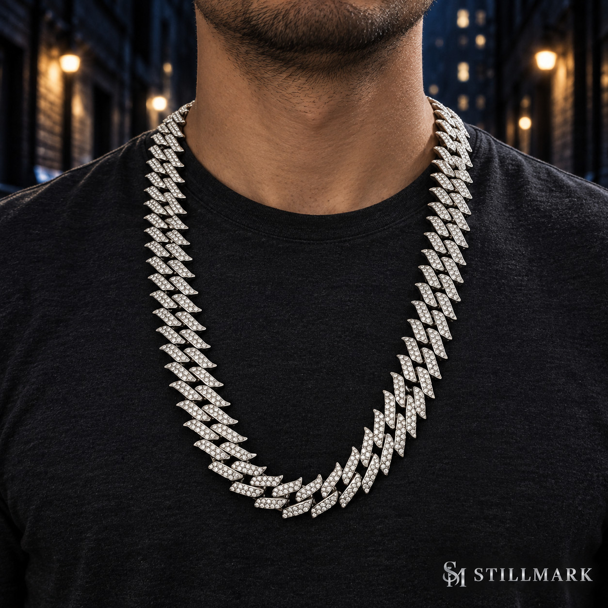Men\'s Huge Spike Chain Iced Hip Hop Necklace Simulated CZ Silver Tone 30\