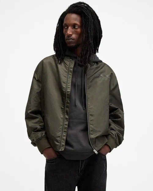 Allsaints Men\'s Underground Relaxed Fit Bomber Jacket Khaki Green Size XXL