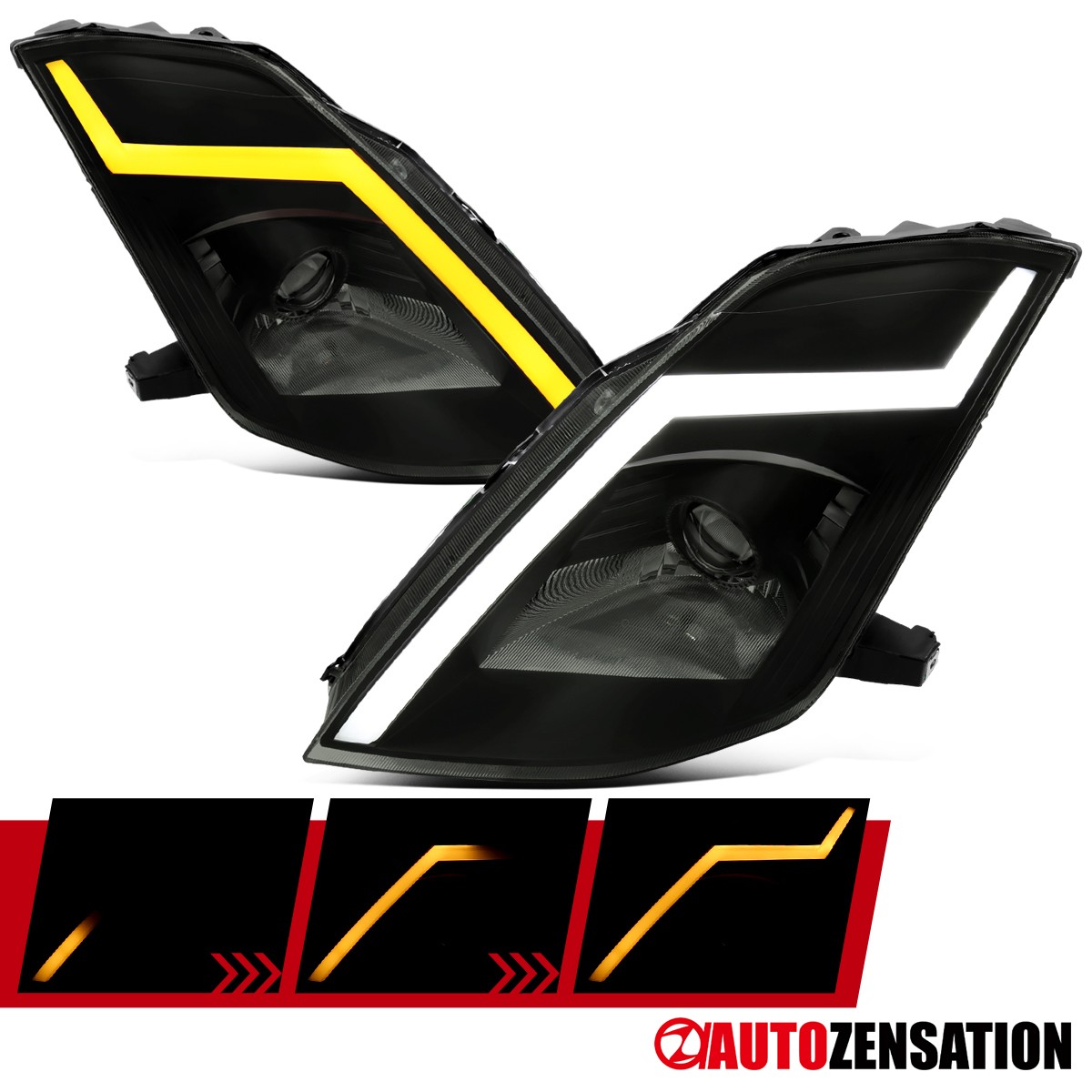 Fit 2003-2005 350Z Z33 Fairlady Black Smoke Projector Headlights LED Sequential