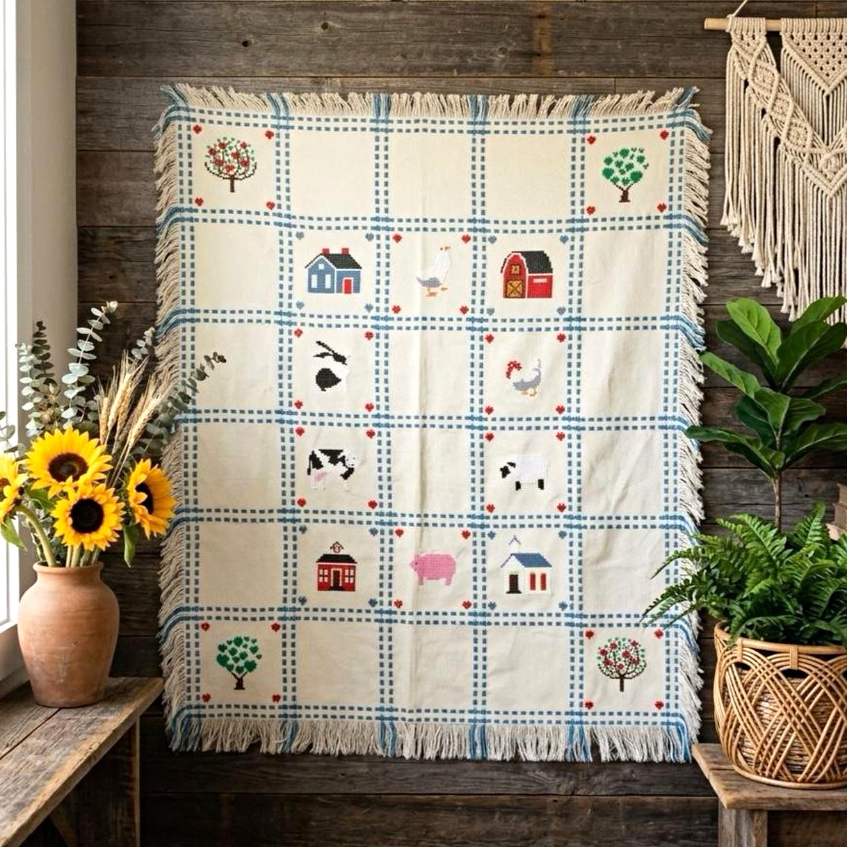 Vintage Handmade Cream Embroidered Farmhouse Cottage Blanket