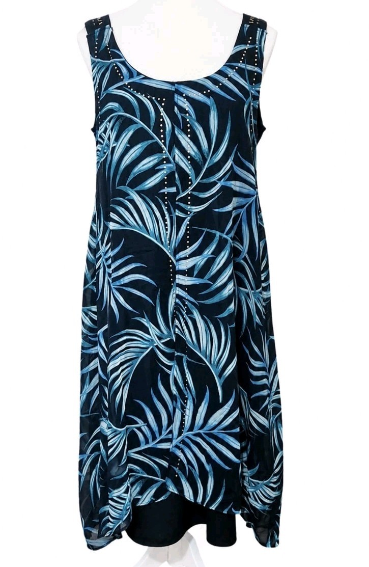 BNWT Rockmans Dress Size 10 Black Blue Leaf Print Layered Shift Midi A2602