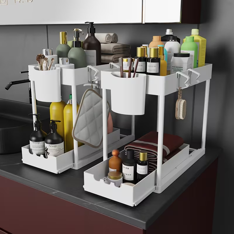 2PC Pull Out Under Sink Organizer 2 Tier Kitchen Bathroom Storage Shelf 2PC Pull Out Under Sink Organizer 2 Tier Kitchen Bathroom Storage Shelf