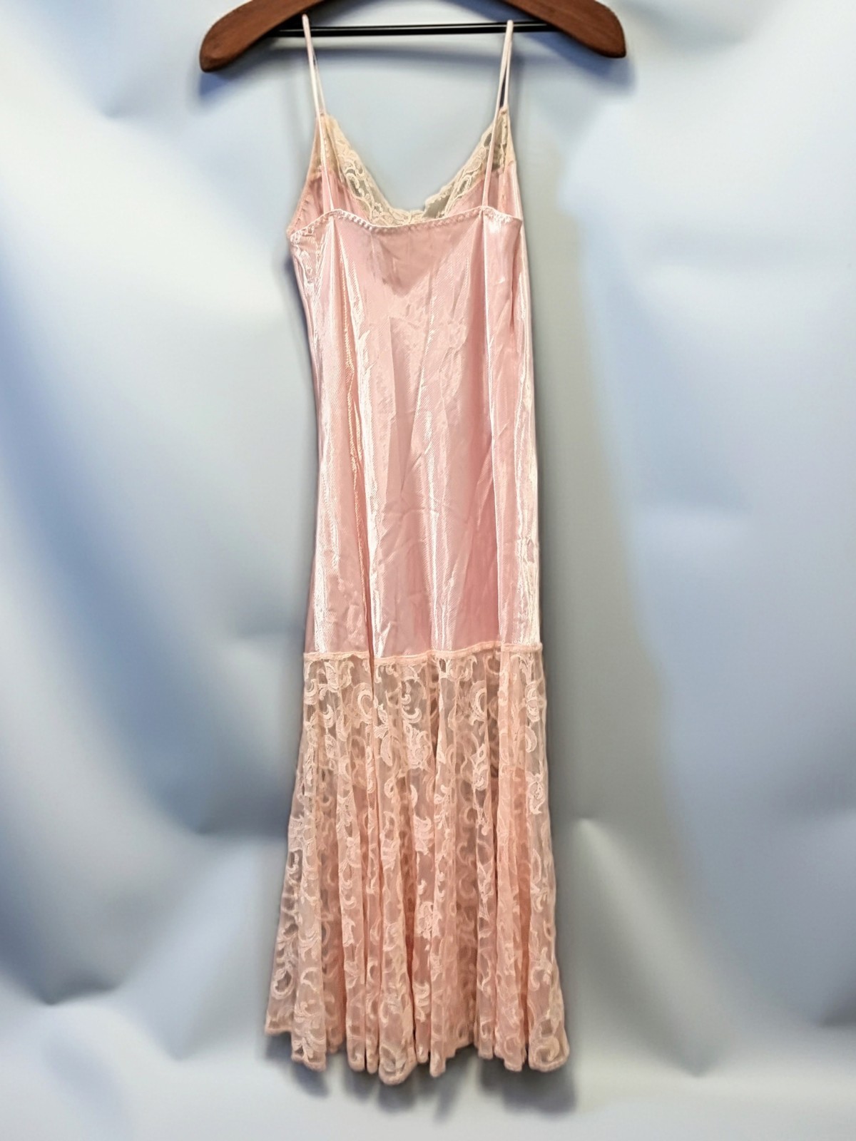 VTG Mara Intimates Pink Satin Maxi Nightgown 19” Sheer Lace Skirt USA Medium M