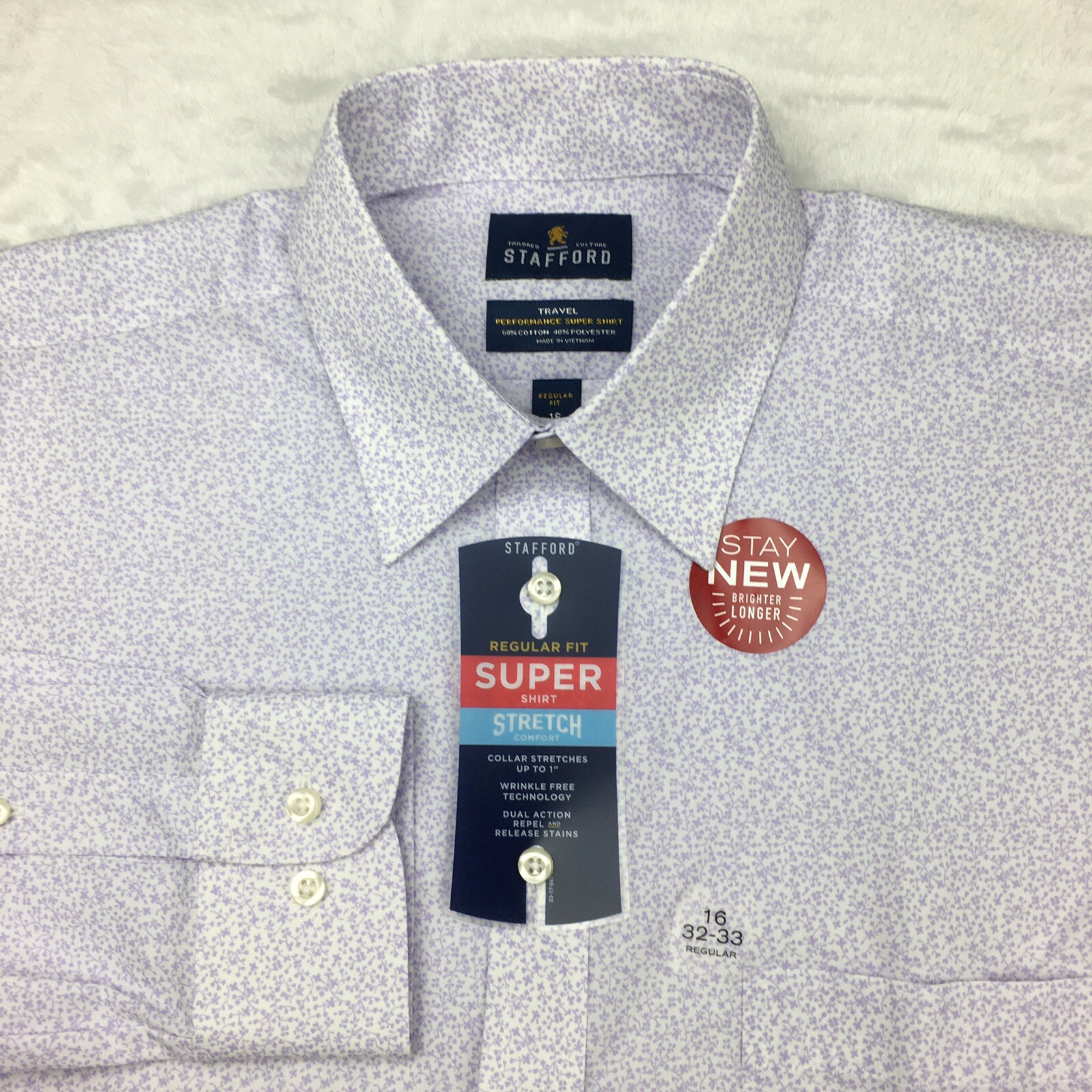 Stafford Performance Super Shirt Mens 16-32/33 Lavender Print Stretch NWT Stafford Performance Super Shirt Mens 16-32/33 Lavender Print Stretch NWT