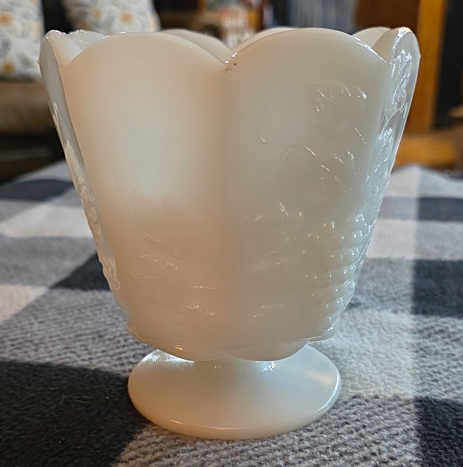 Vintage E.O. Brody Milk Glass Pedestal Vase Grapevine Scalloped Rim