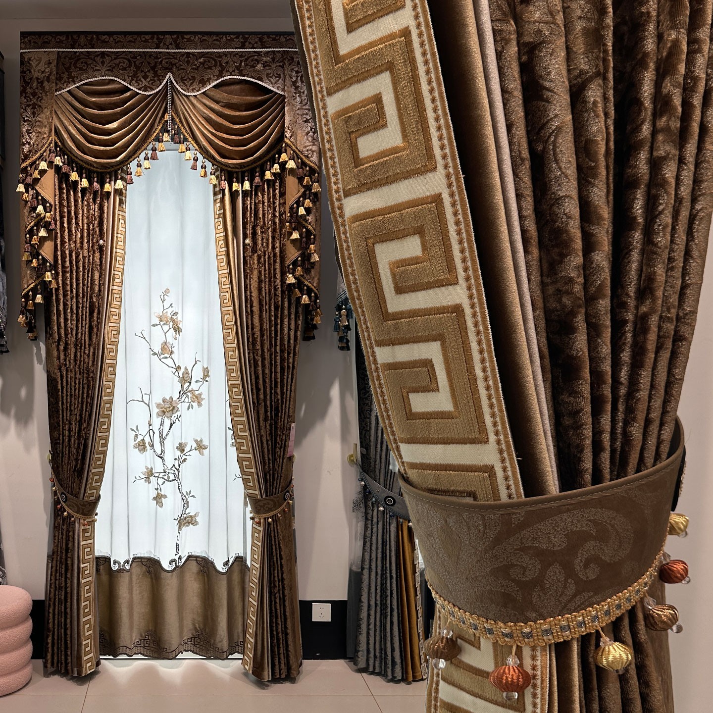 luxury European Embroidery valance shade coffee Velvet curtain tulle M1802*