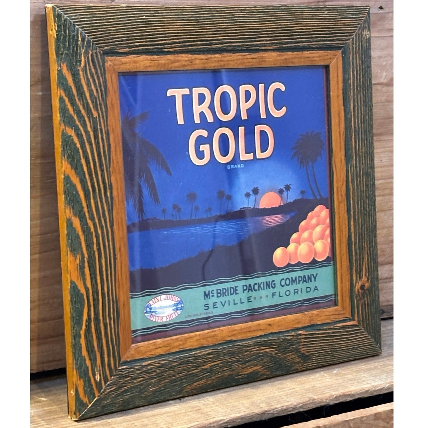 Vintage 1930s-40s Framed Hanging TROPIC GOLD Citrus Crate Label Decor Rustic