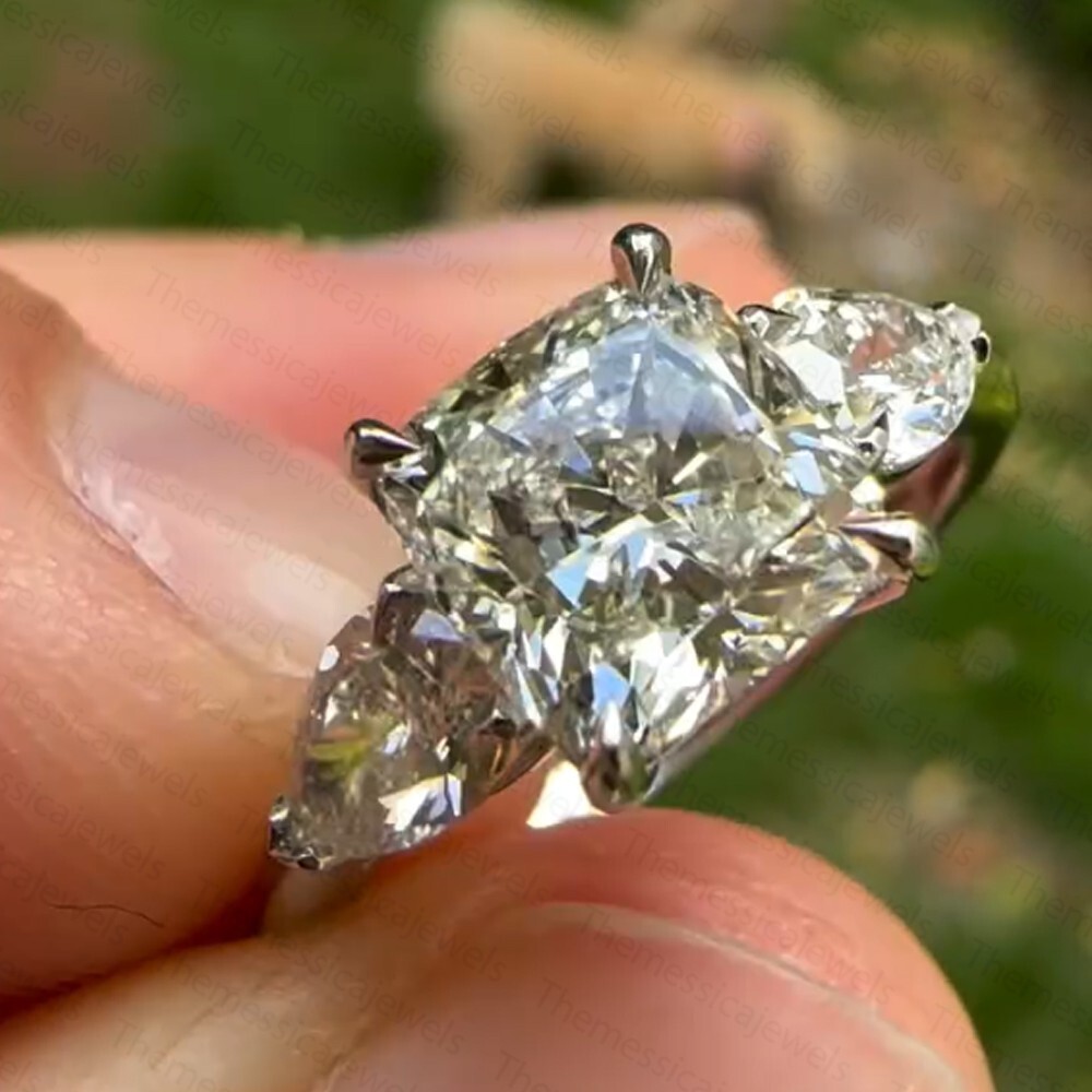 2.55Ctw Cushion Cut Moissanite Three Stone Engagement Ring 14K White Gold Plated 2.55Ctw Cushion Cut Moissanite Three Stone Engagement Ring 14K White Gold Plated