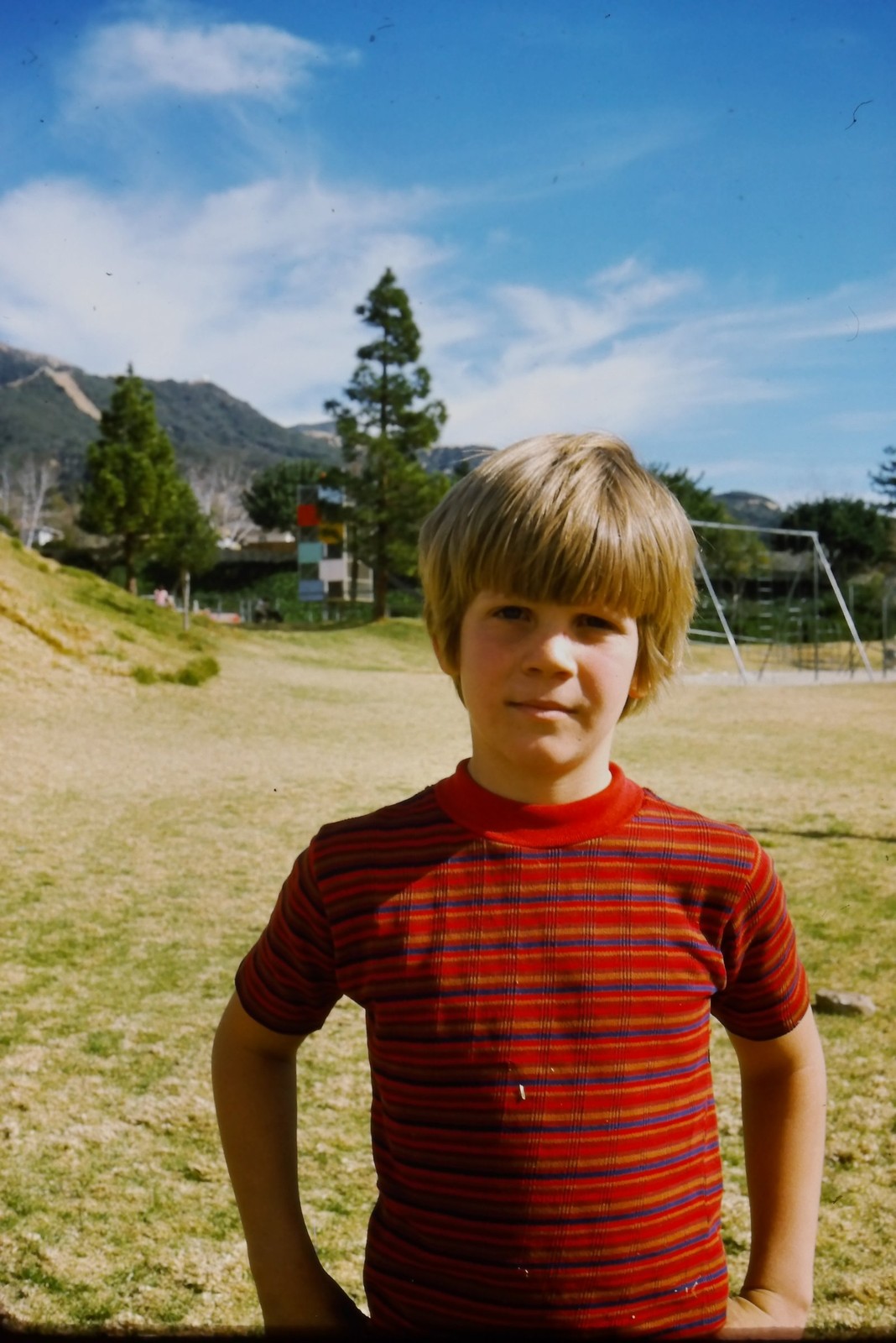c1970's Kodachrome 35mm Slide, Boy Red Striped Shirt Grassy Hill mid 1970s blue c1970's Kodachrome 35mm Slide, Boy Red Striped Shirt Grassy Hill mid 1970s blue