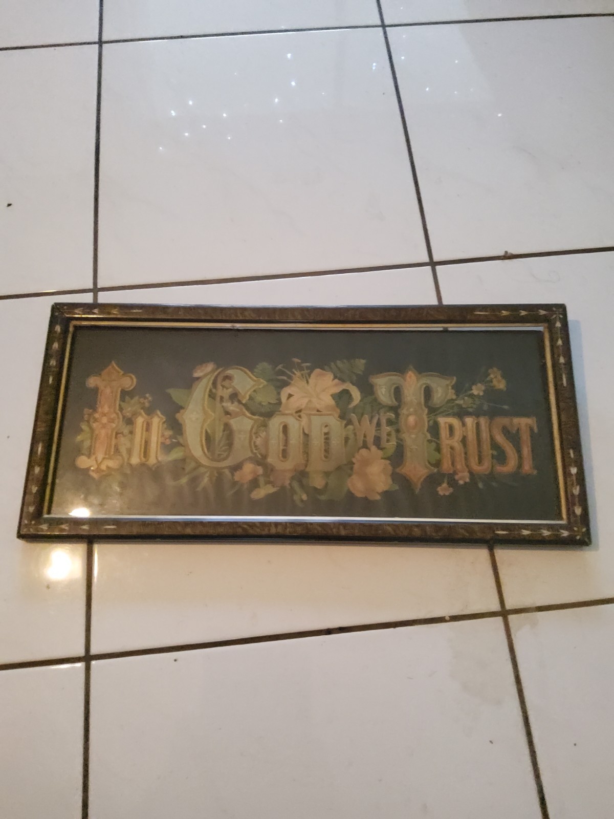 Vintage 1880s Victorian Motto Print In God We Trust ,framed