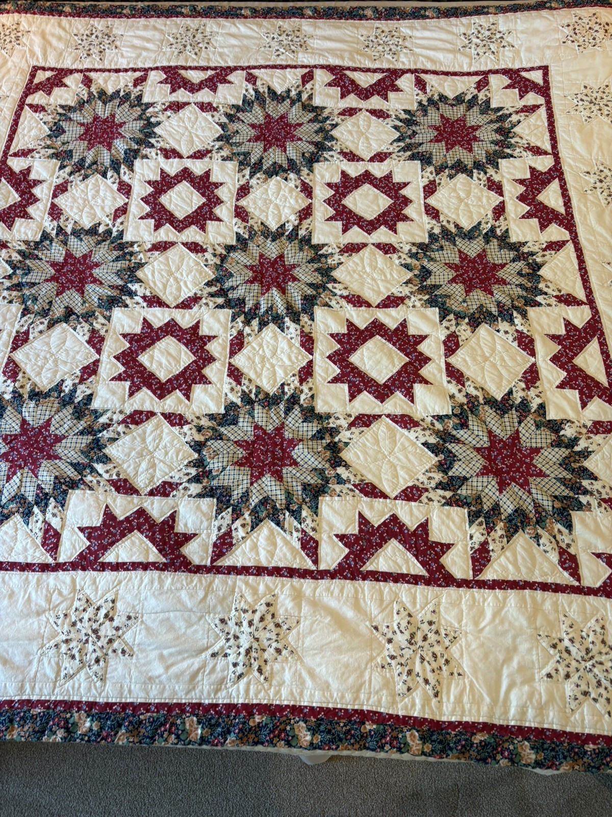 Vintage 8 Point Star Quilt Hand Stitched 81” by 79” Excellent