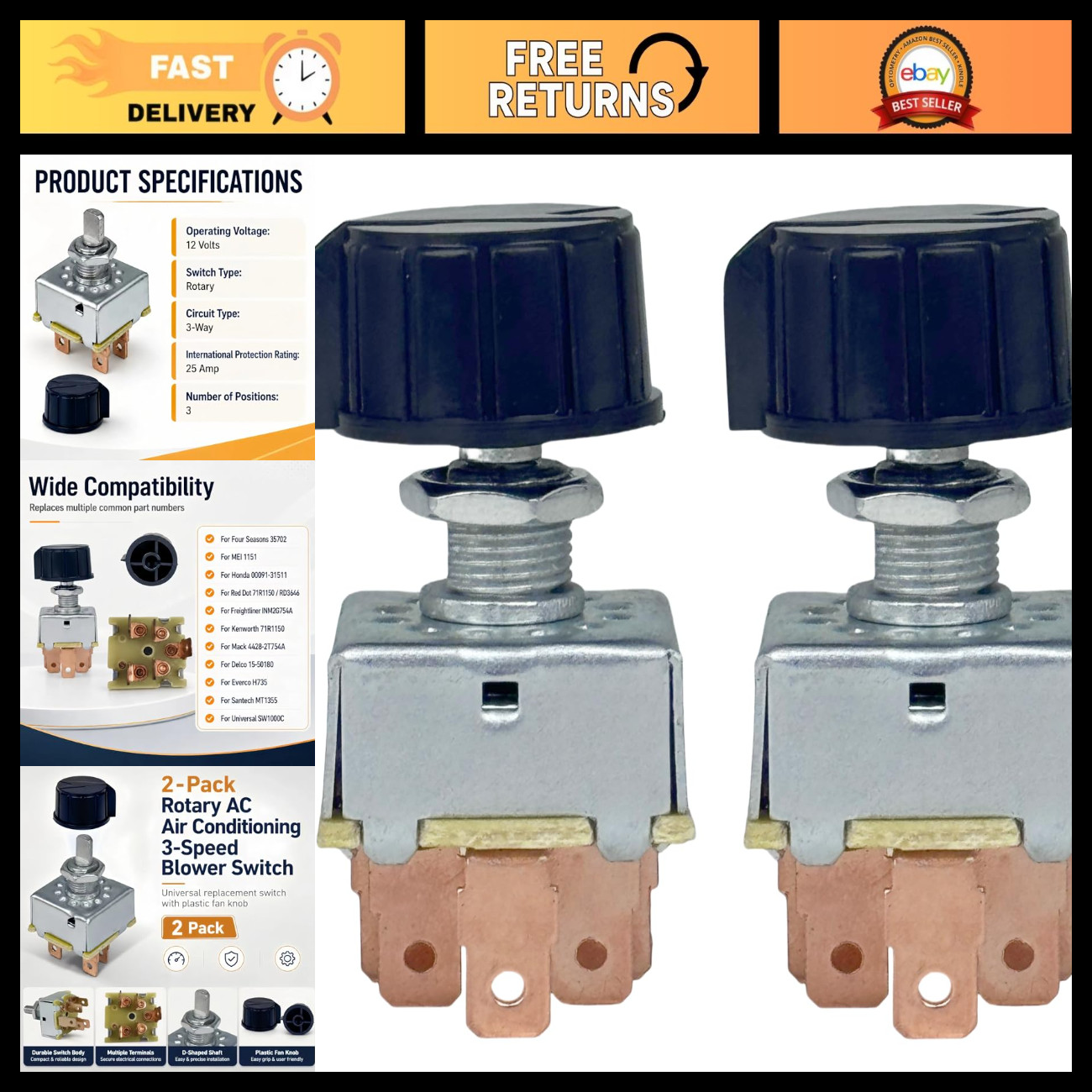2 Pack Universal Rotary AC Blower Switch - 3 Speed Control, HVAC Replacement