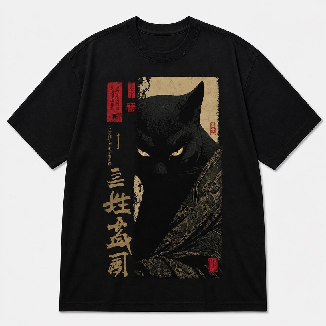 Japanese Samurai Black Cat Vintage Anime Streetwear Cotton T-Shirt Japanese Samurai Black Cat Vintage Anime Streetwear Cotton T-Shirt