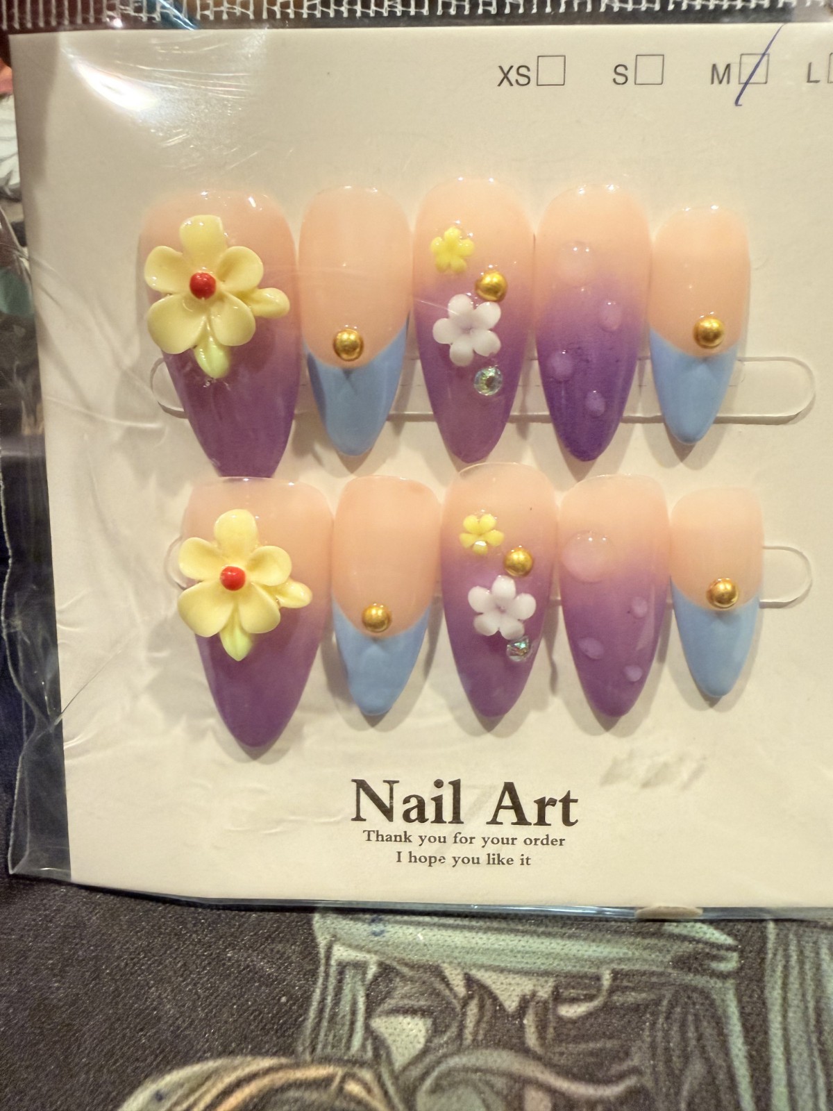 Medium Almond Size Medium Purple & Blue French 3D Flower Gold Bead Press On Nail