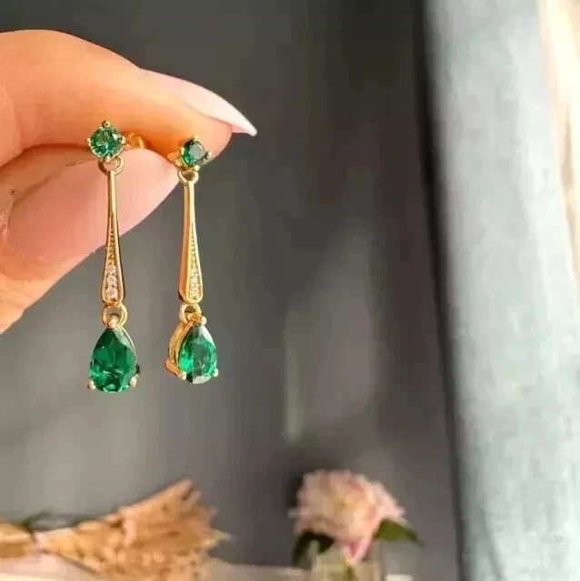 2.18 Ct Pear Cut Emerald Earrings Wedding Earring 14k Yellow Gold