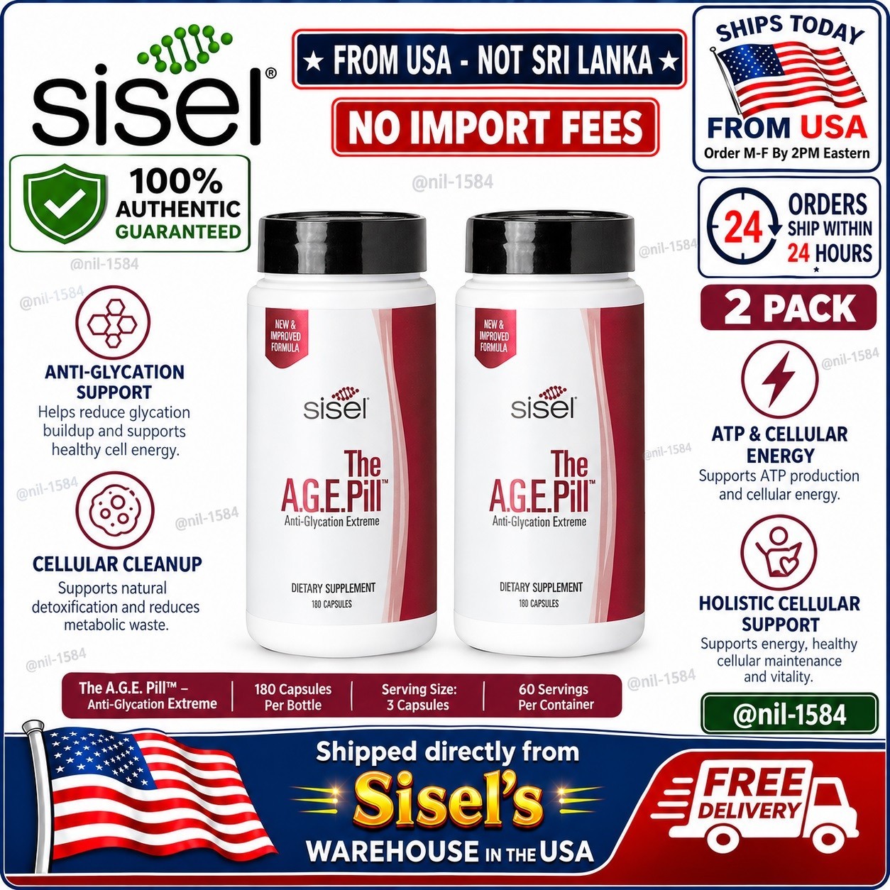2 Pack Sisel The A.G.E. Pill Anti-Glycation EXTREME - 180 Capsules - Exp. 2028🔥