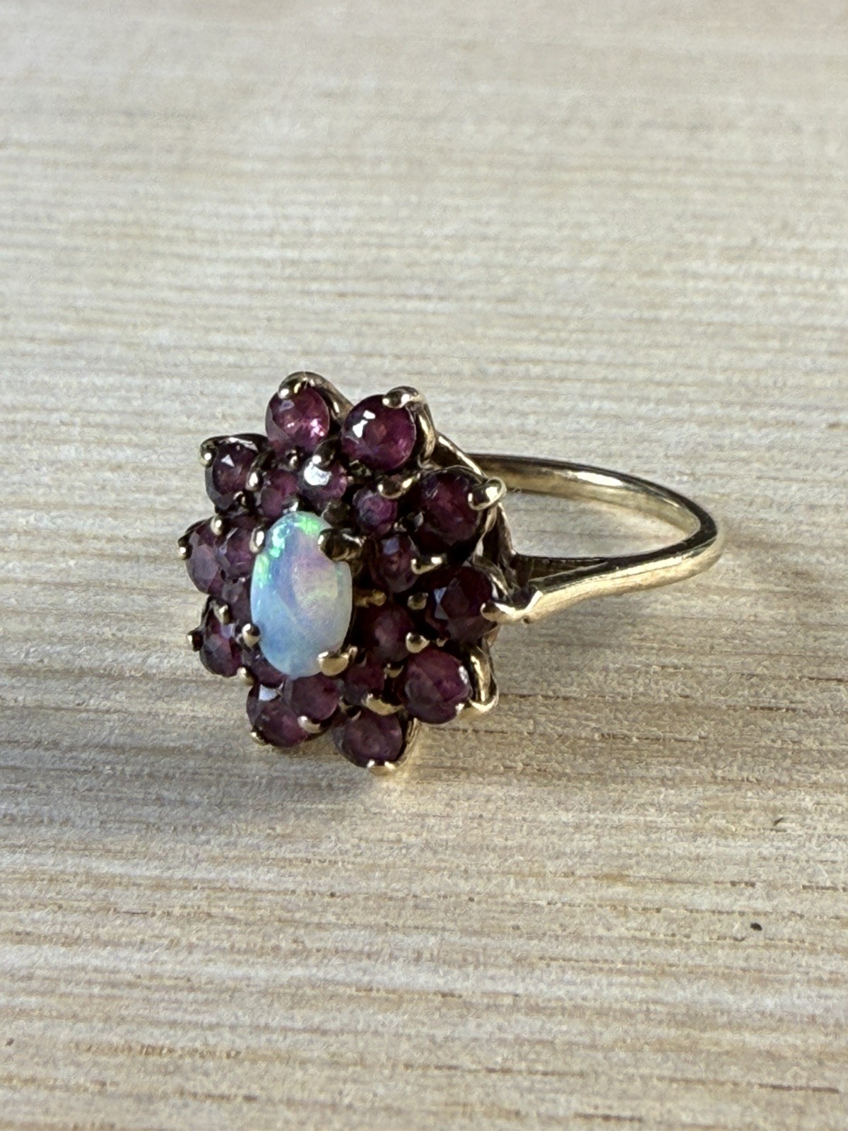 Vintage 9ct Gold Opal & Pink Gemstone Floral Cluster Ring UK Size M 3.6g