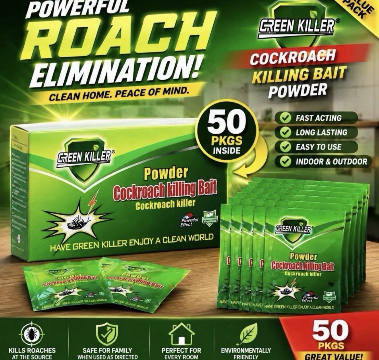 Green Killer Cockroach Killing Powder Bait, Roach Killing Bait 1box 50 Pcs
