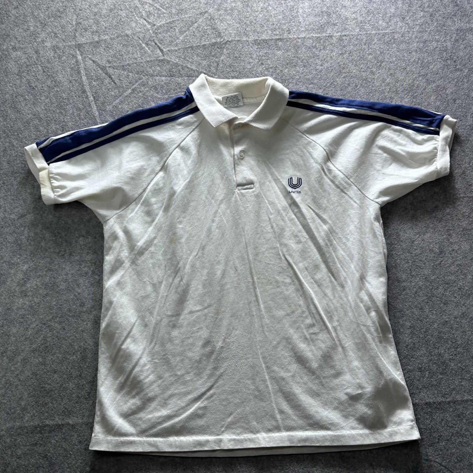 Vintage Print-Ons Polo Shirt Mens Large White Unitek Striped Sleeve 80s 90s