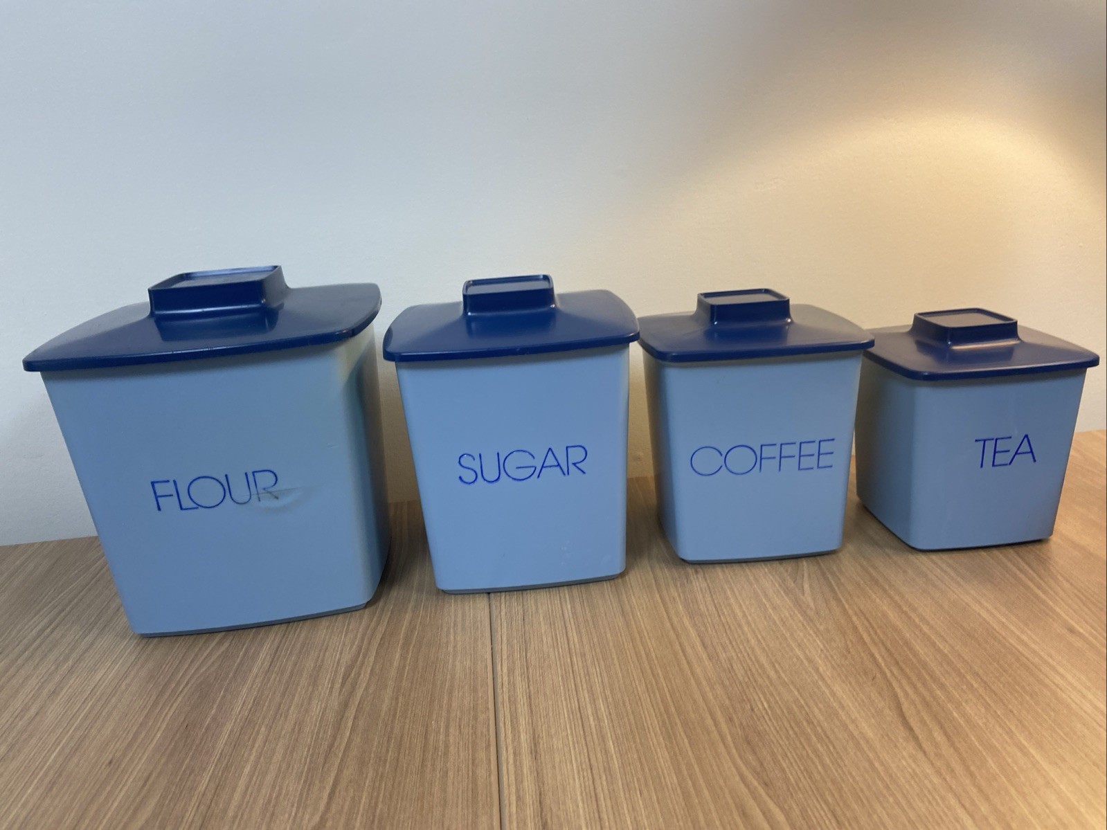 Vintage 1970s Tucker Housewares 4 piece Plastic Blue Canister Nesting Set MCM