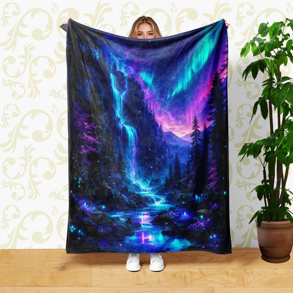 Aurora Forest Waterfall Coral Fleece Blanket Northern Lights Decor