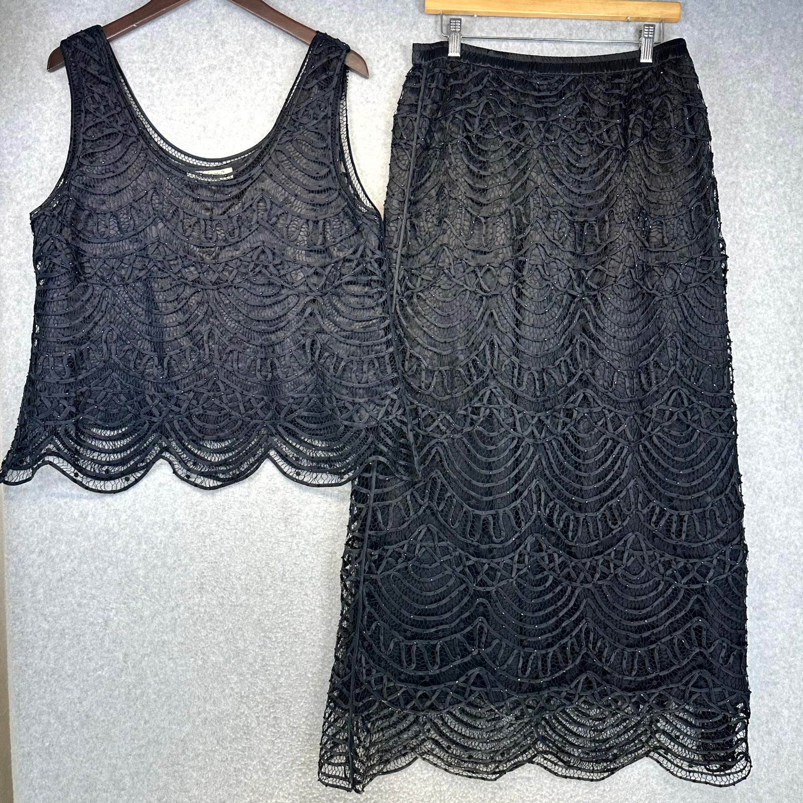 Soulmates Top Skirt Set Womens Size XL Black 100% Silk Beaded Crochet 