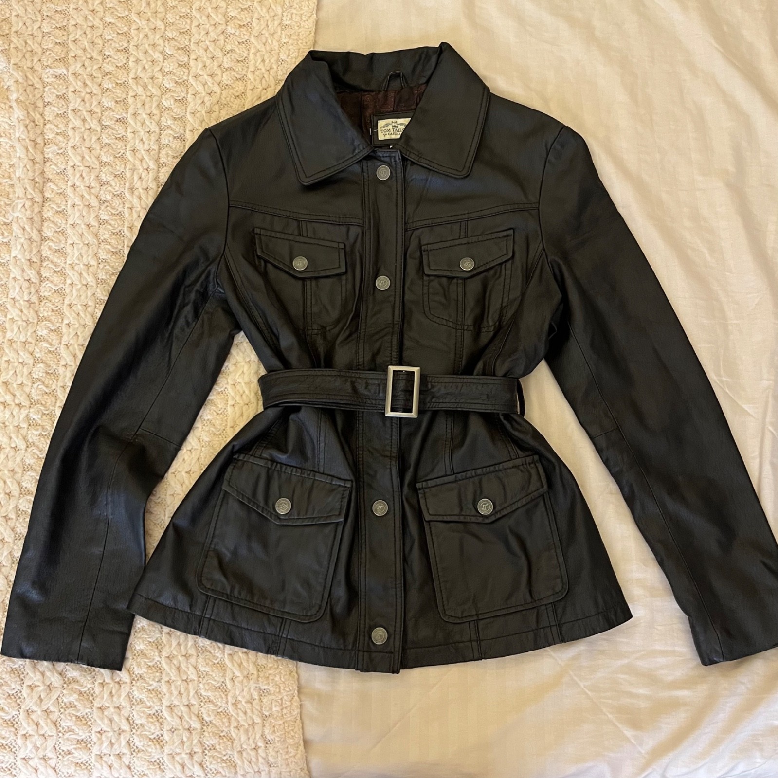 Vintage TOM TAILOR Women Genuine Leather Belted Safari Jacket Dark Brown EU 38