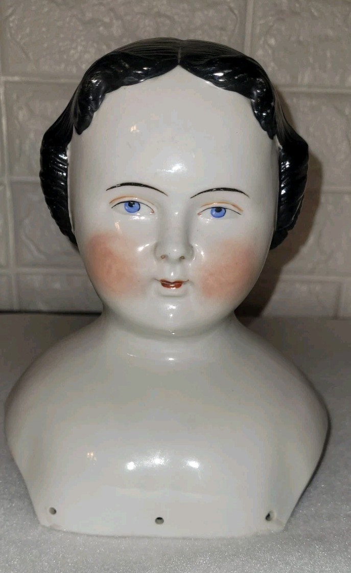 HUGE ANTIQUE CIVIL WAR FLAT TOP CHINA DOLL SHOULDER HEAD