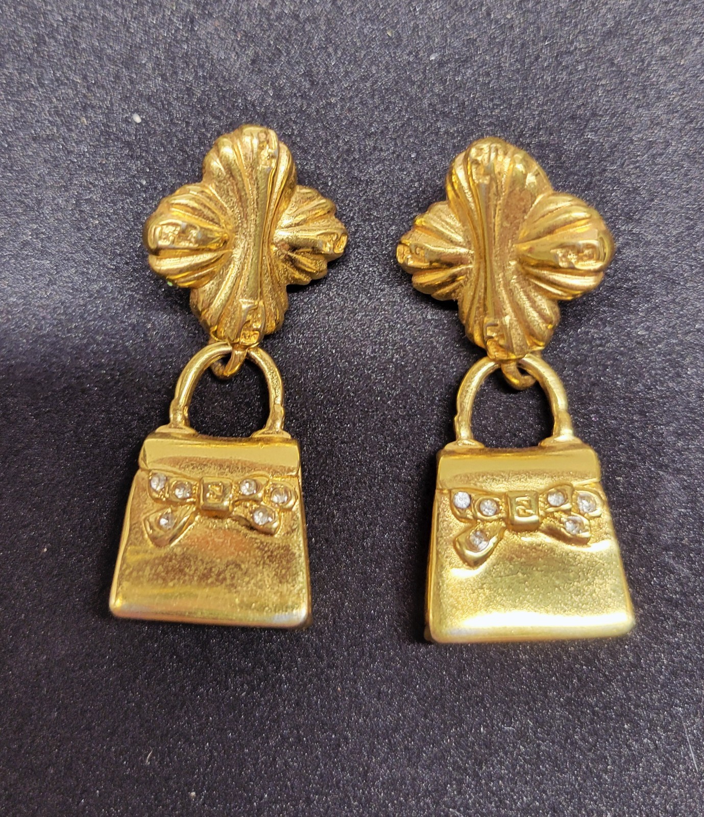 Vintage 1980's Fendi Gold Plated Handbag Drop Earrings Clip-on / Signed