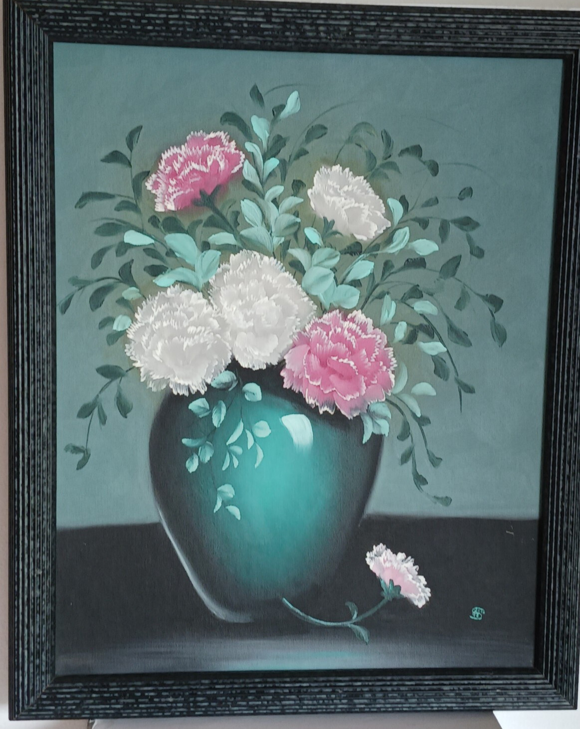 Vintage Floral Oil Painting Still Life 1992 Carnations L. Schlachter