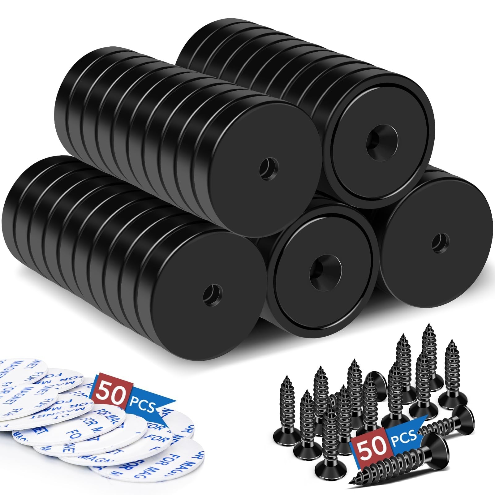 Pack 1.26in Black Neodymium Cup Magnets Mounting Holes 110 lb Pull Force