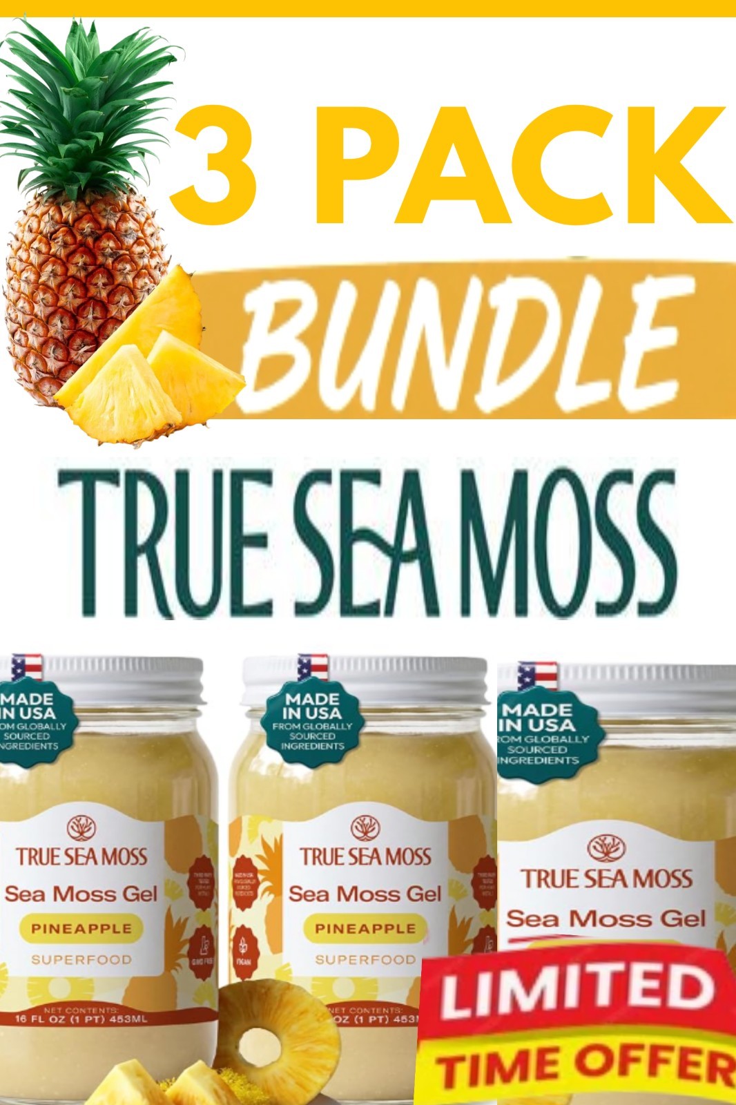 3 xTrue Sea Moss Gel Superfood Pineapple 16 fl oz