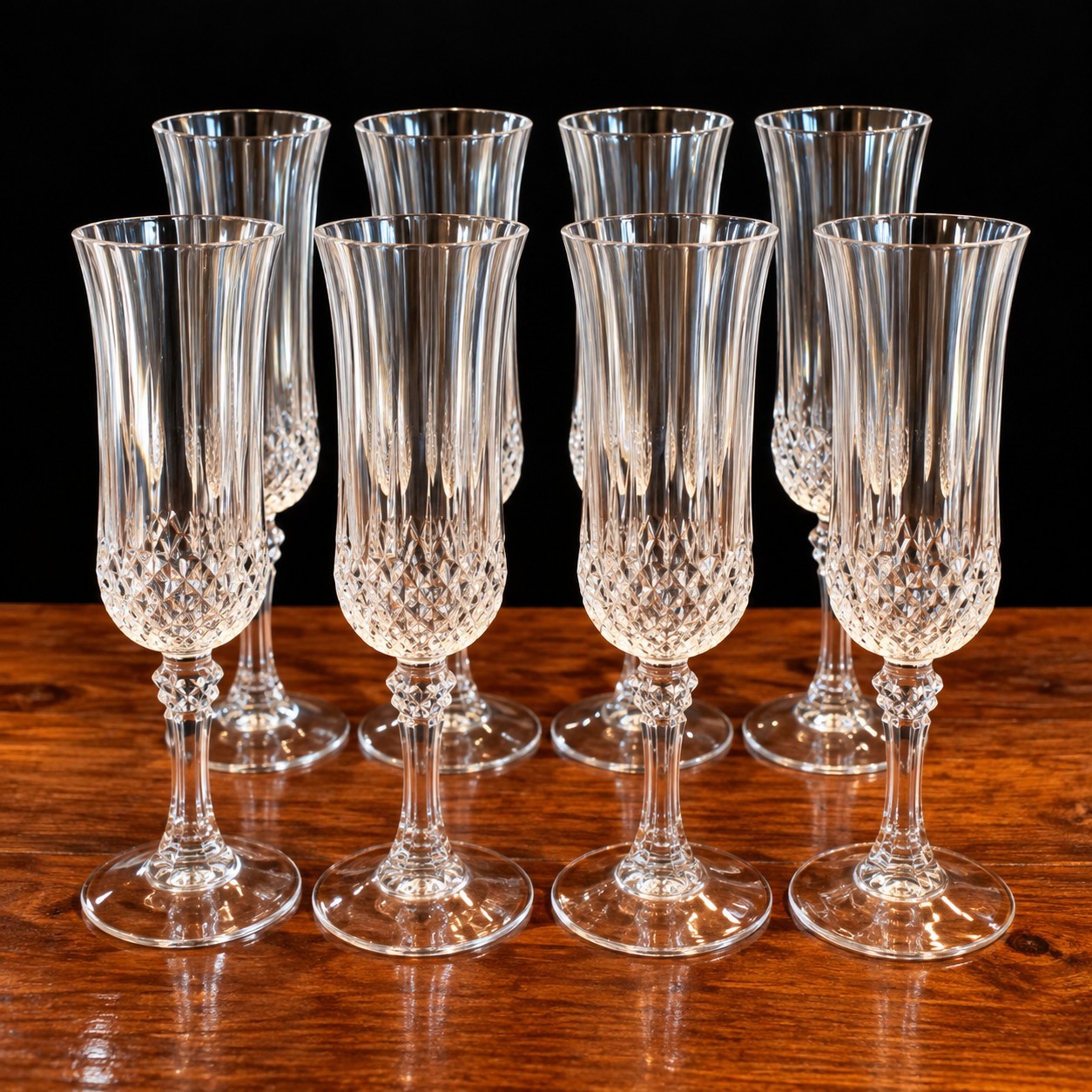8 Vintage Cristal d’Arques France Diamond Crystal Champagne Flutes 8\