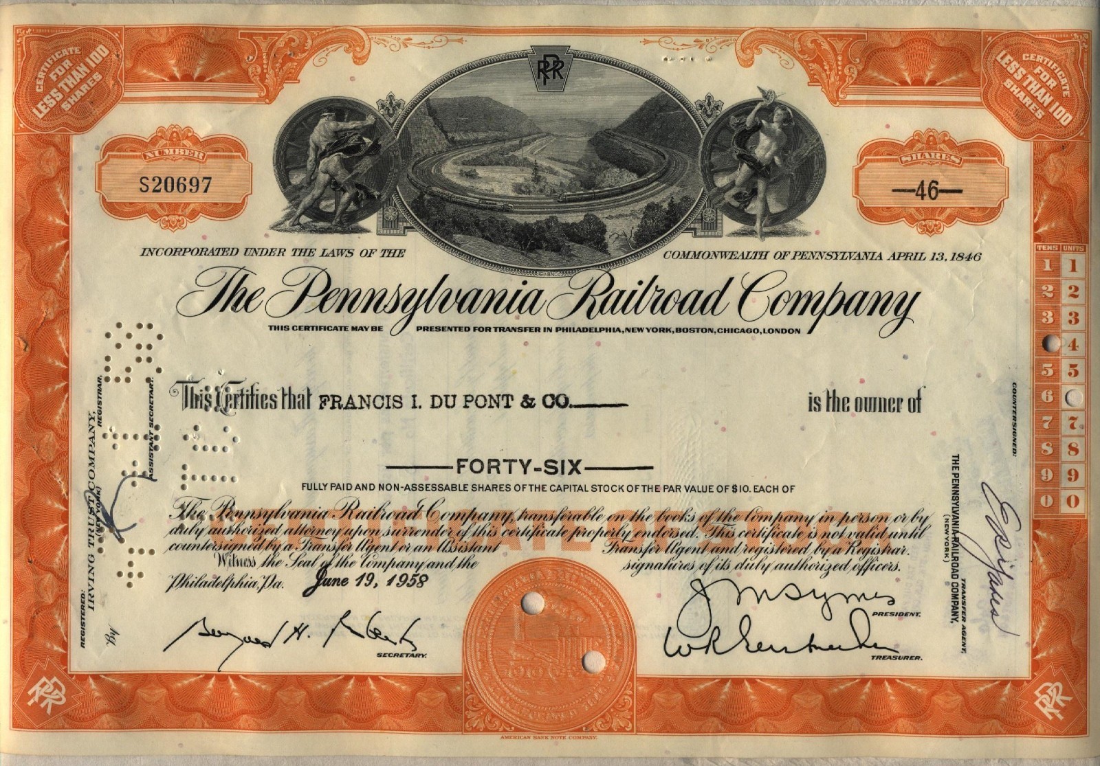 Pennsylvania Railroad Stock Certificate Horseshoe Curve Orange