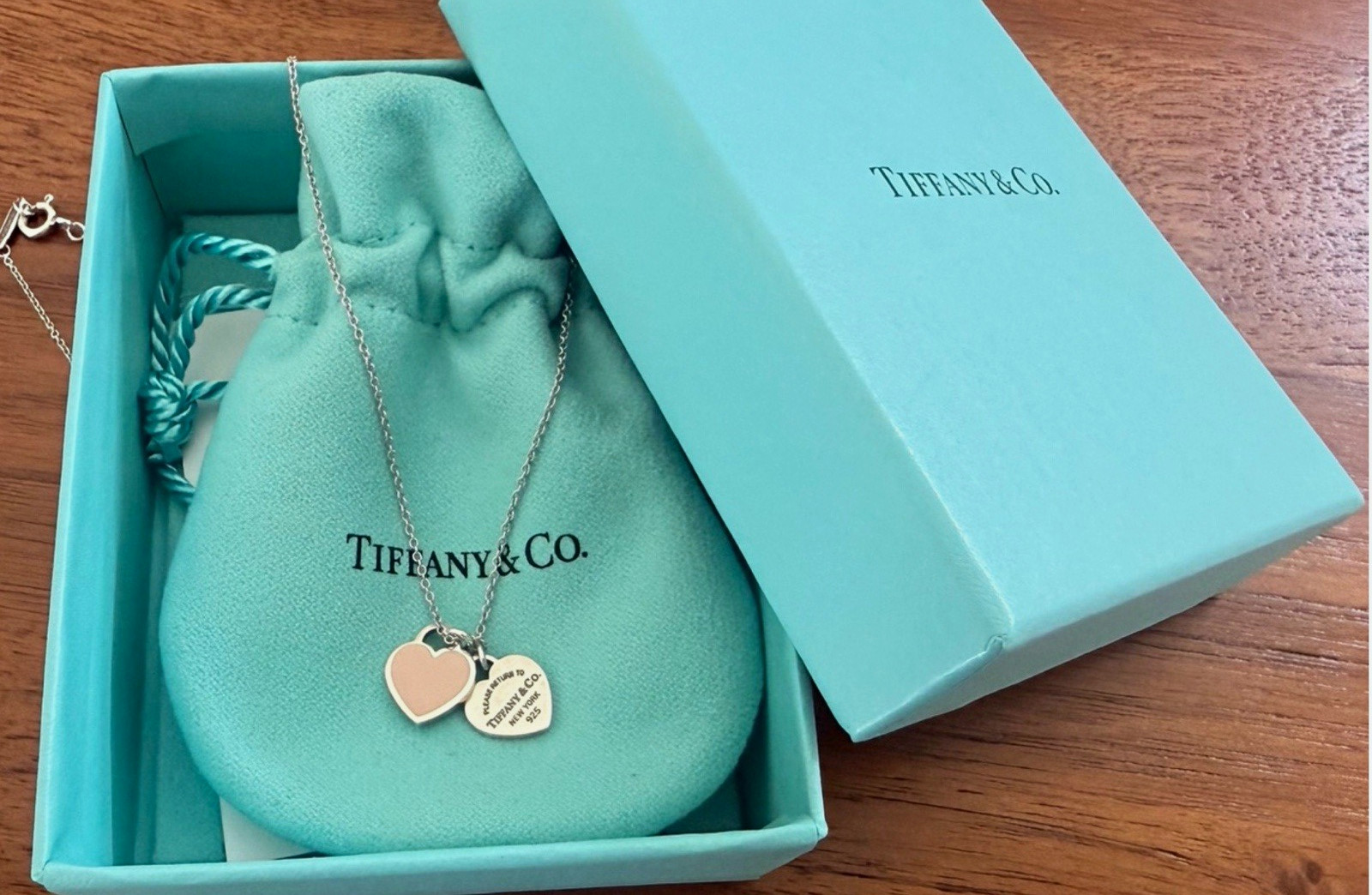 Tiffany & Co. 925 Sterling Silver Double Heart Charm Pendant Cable Necklace