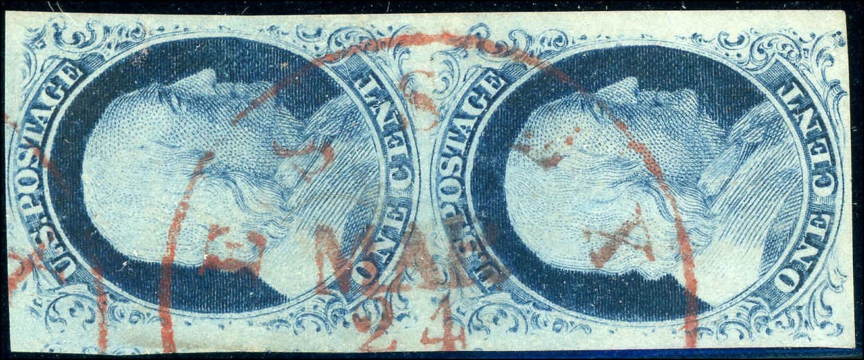 1852 US 1¢ Benjamin Franklin Postage Stamp #9 Vert PR XF Red Essex Cancel
