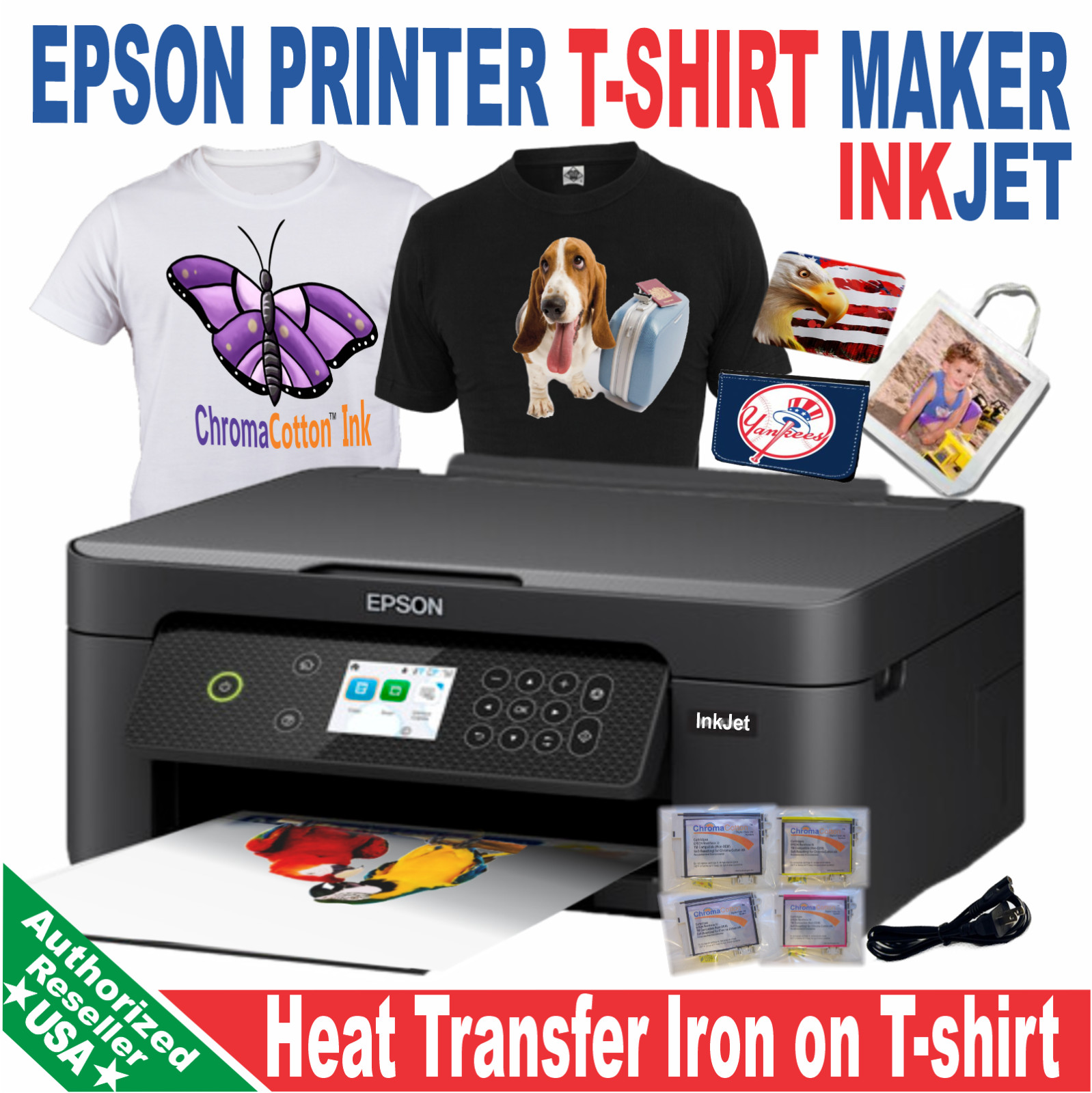 Epson Printer with dye InkJet for Iron Transfer Print T-Shirt Start Bundle