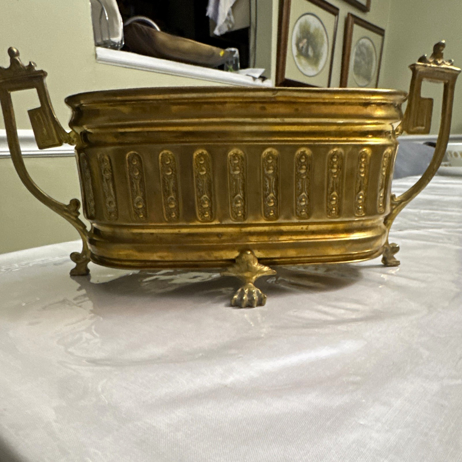 Antique Art Deco / Nouveau Brass Jardinière Planter  Repoussé Footed Centerpiece