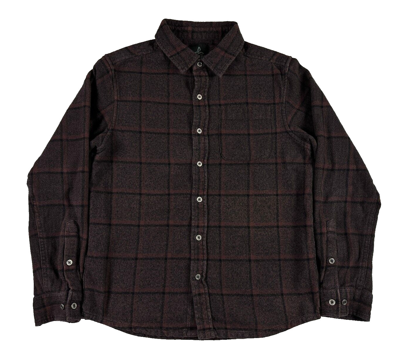 Prana Plaid Flannel Shirt Mens Small Burgundy Red Black Long Sleeve Button Up