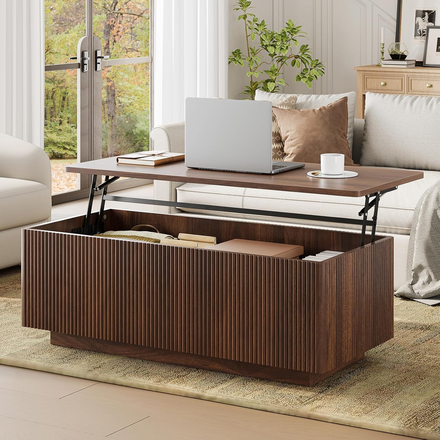 FABATO 41.7\'\' Fluted Lift Top Coffee Table Large Hidden Storage, Walnut