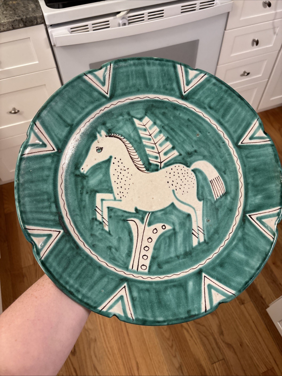 Vintage Italian Horse Pottery Charger 14.5” Hand Painted Green Majolica Vintage Italian Horse Pottery Charger 14.5” Hand Painted Green Majolica