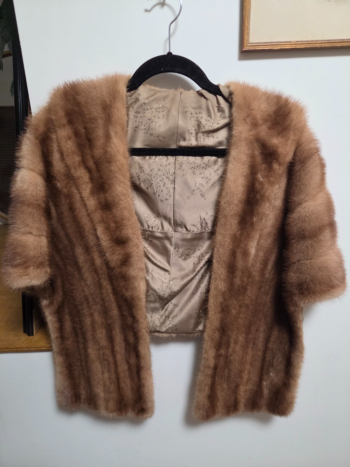 Vintage Genuine Fur Stole Cape Wrap Brown Tan Satin Lined Mid Century