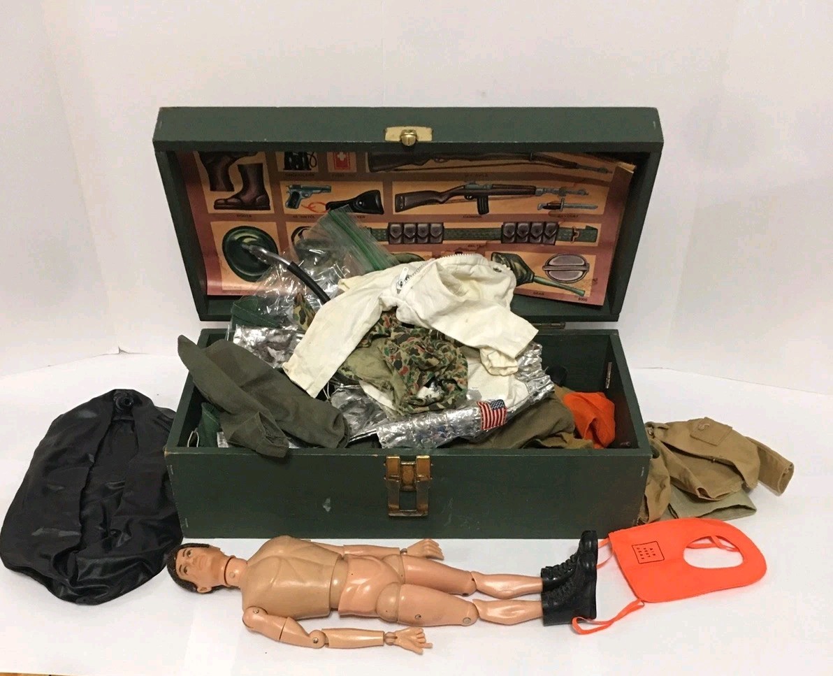 Vintage 1964 Hasbro GI Joe Lot Figure Footlocker Uniforms Gear Accessory Vintage 1964 Hasbro GI Joe Lot Figure Footlocker Uniforms Gear Accessory