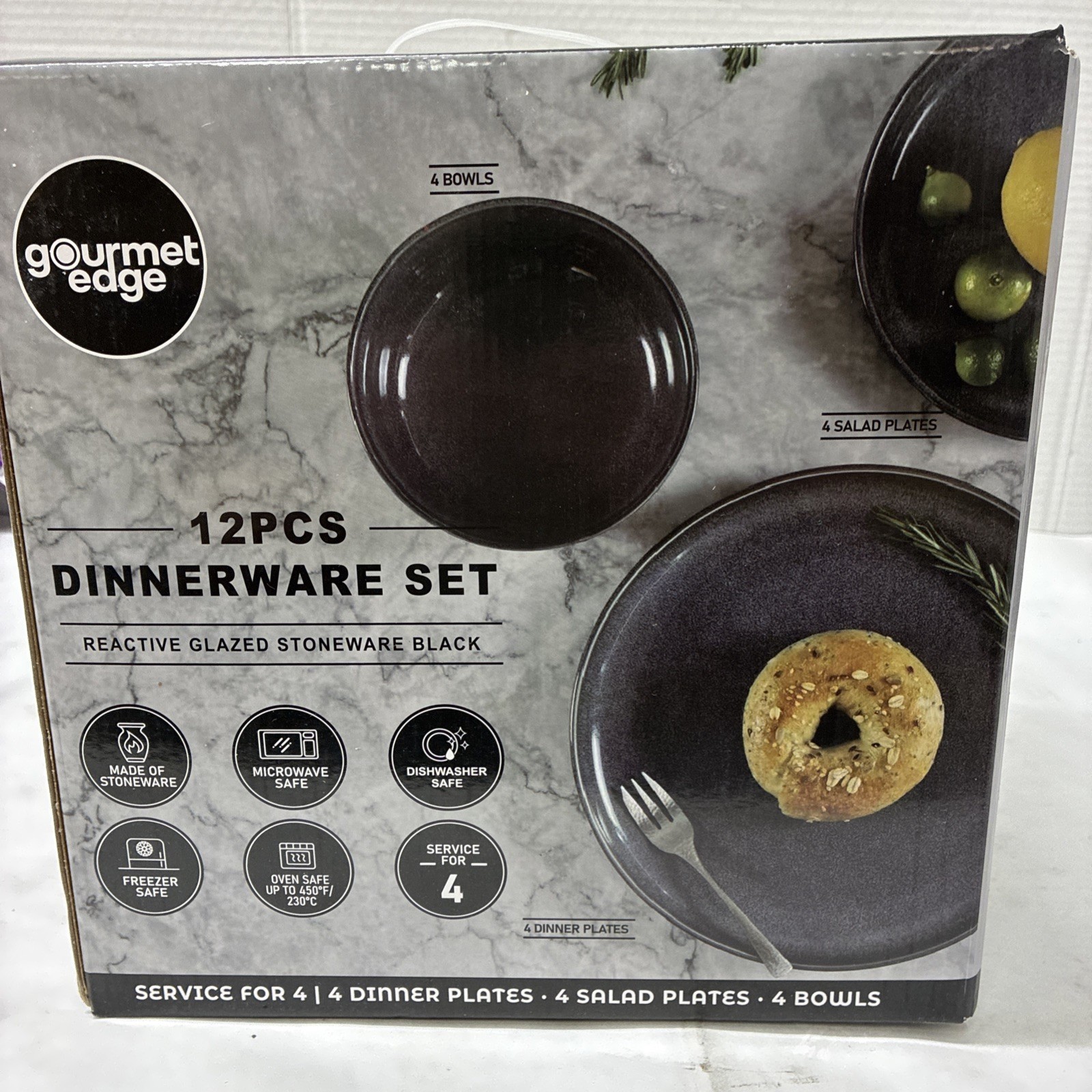 Gourmet Edge 12 Piece Dinnerware Set Reactive Glazed  Stoneware Black