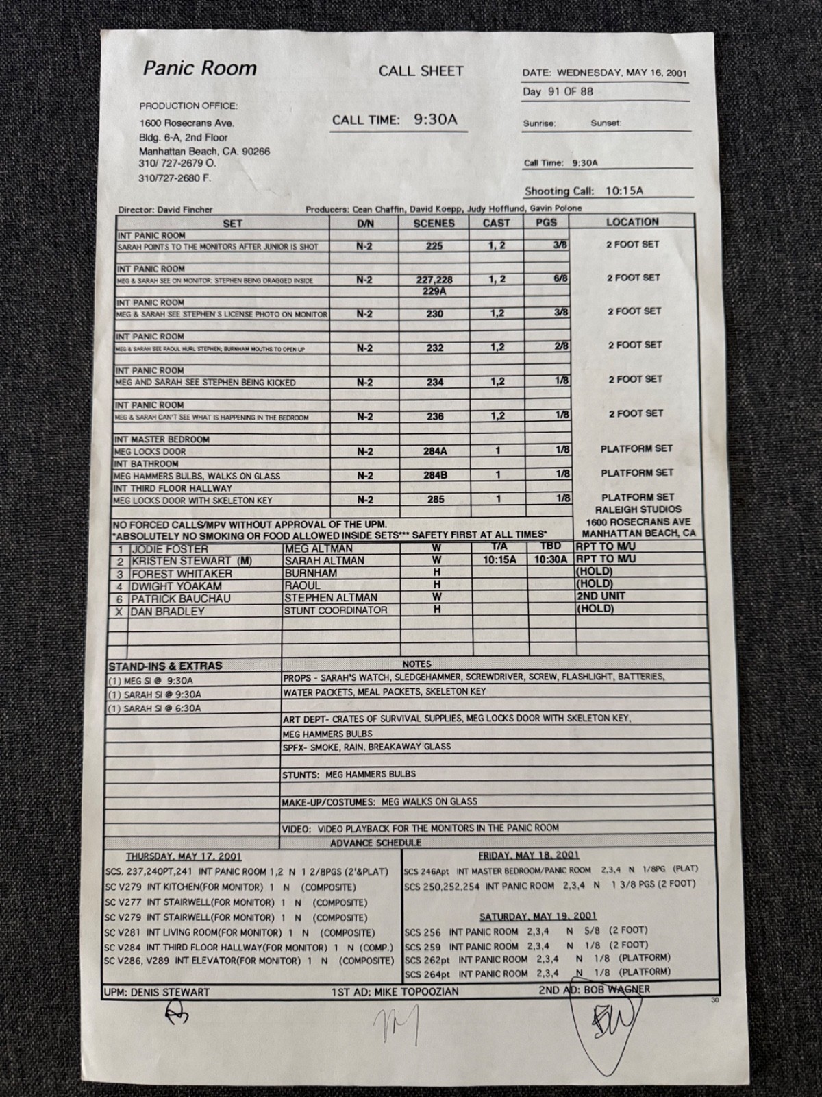 PANIC ROOM JODIE FOSTER ORIGINAL CALL SHEET RARE 2002 DAVID FINCHER PANIC ROOM JODIE FOSTER ORIGINAL CALL SHEET RARE 2002 DAVID FINCHER