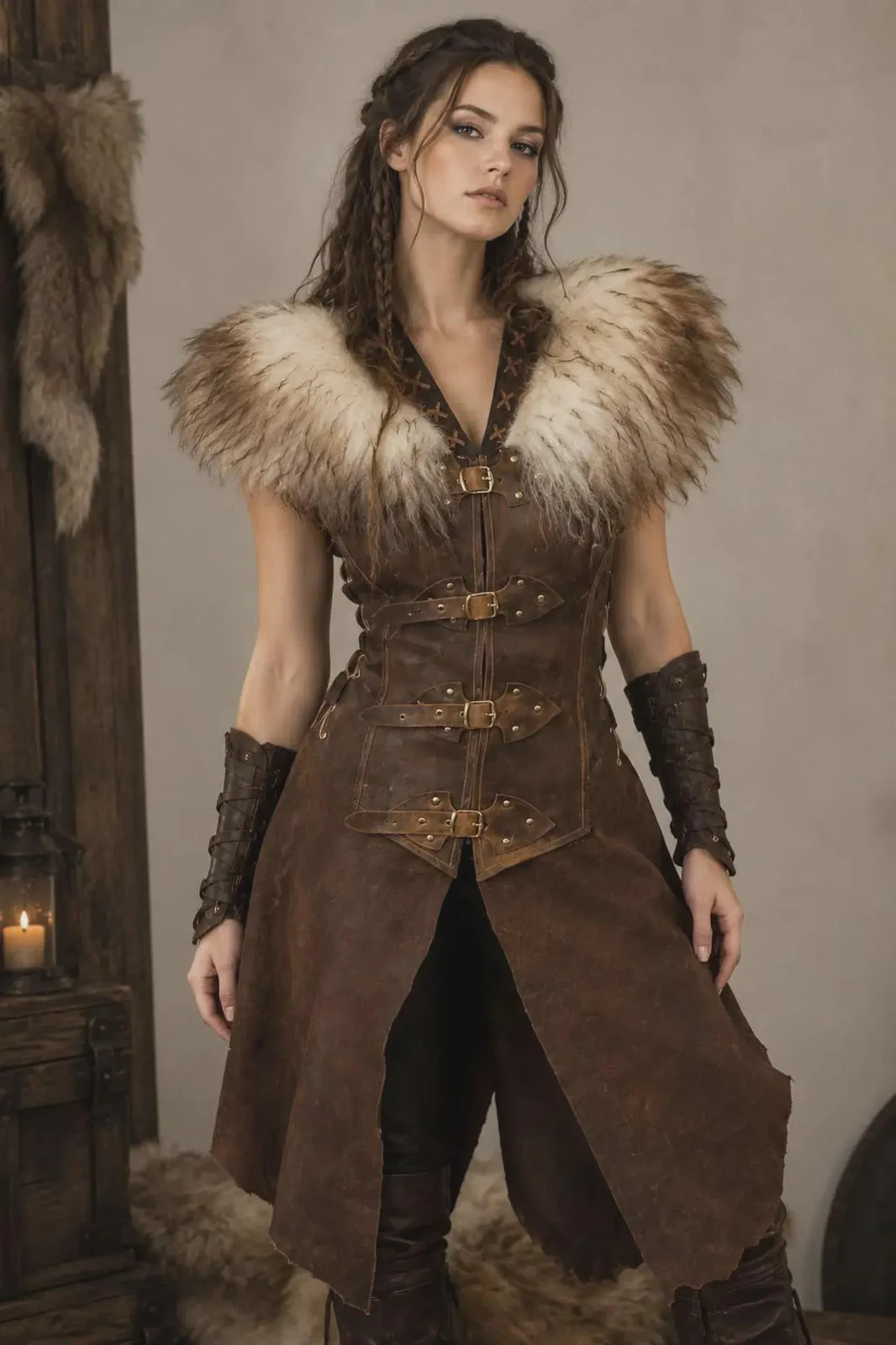 Women’s Viking Faux Fur Leather Coat – Medieval Warrior Renaissance Cosplay