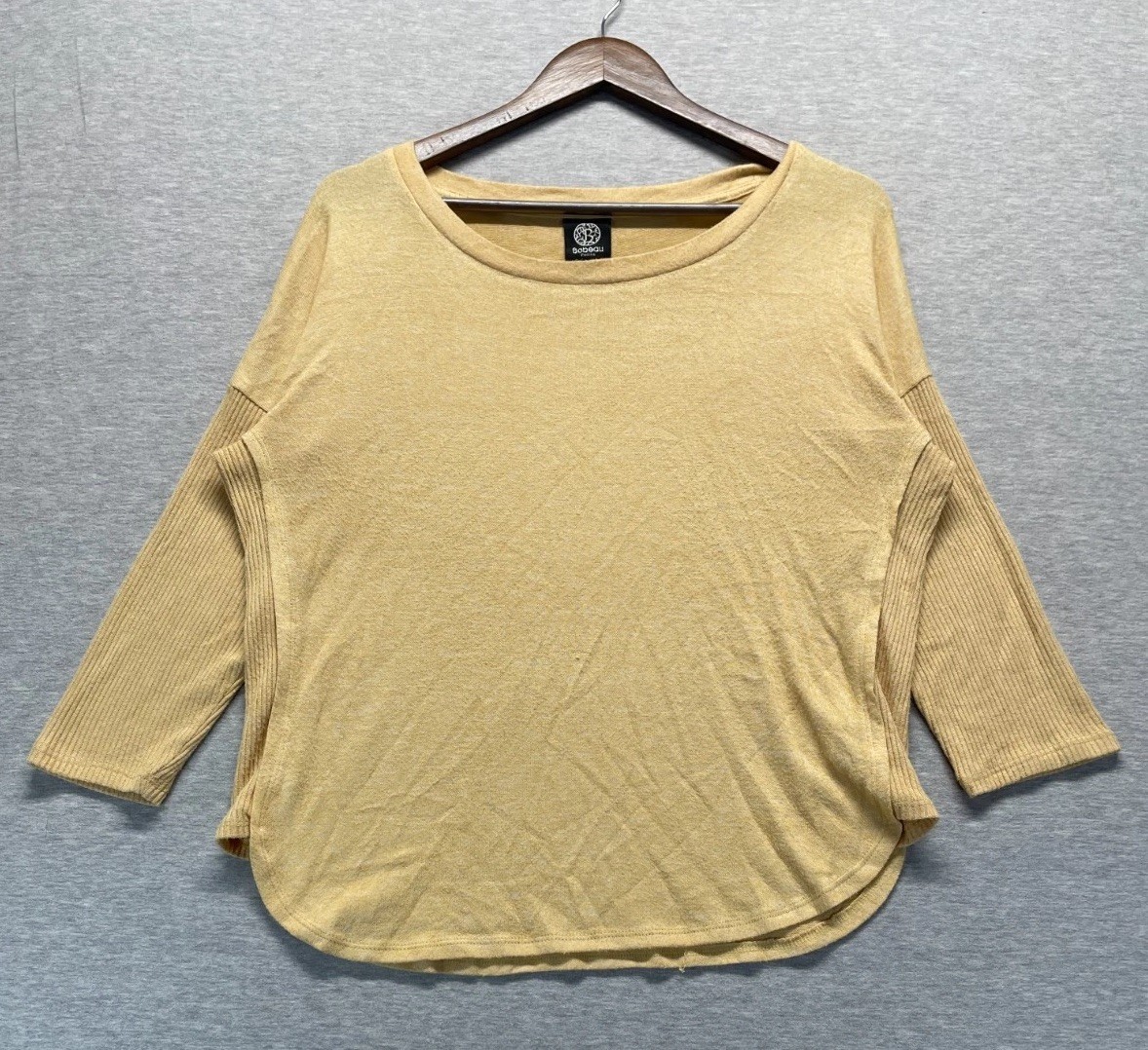Bobeau Knit Top Womens Large Petite Heather Yellow Rayon Round Neck Ribbed Panel