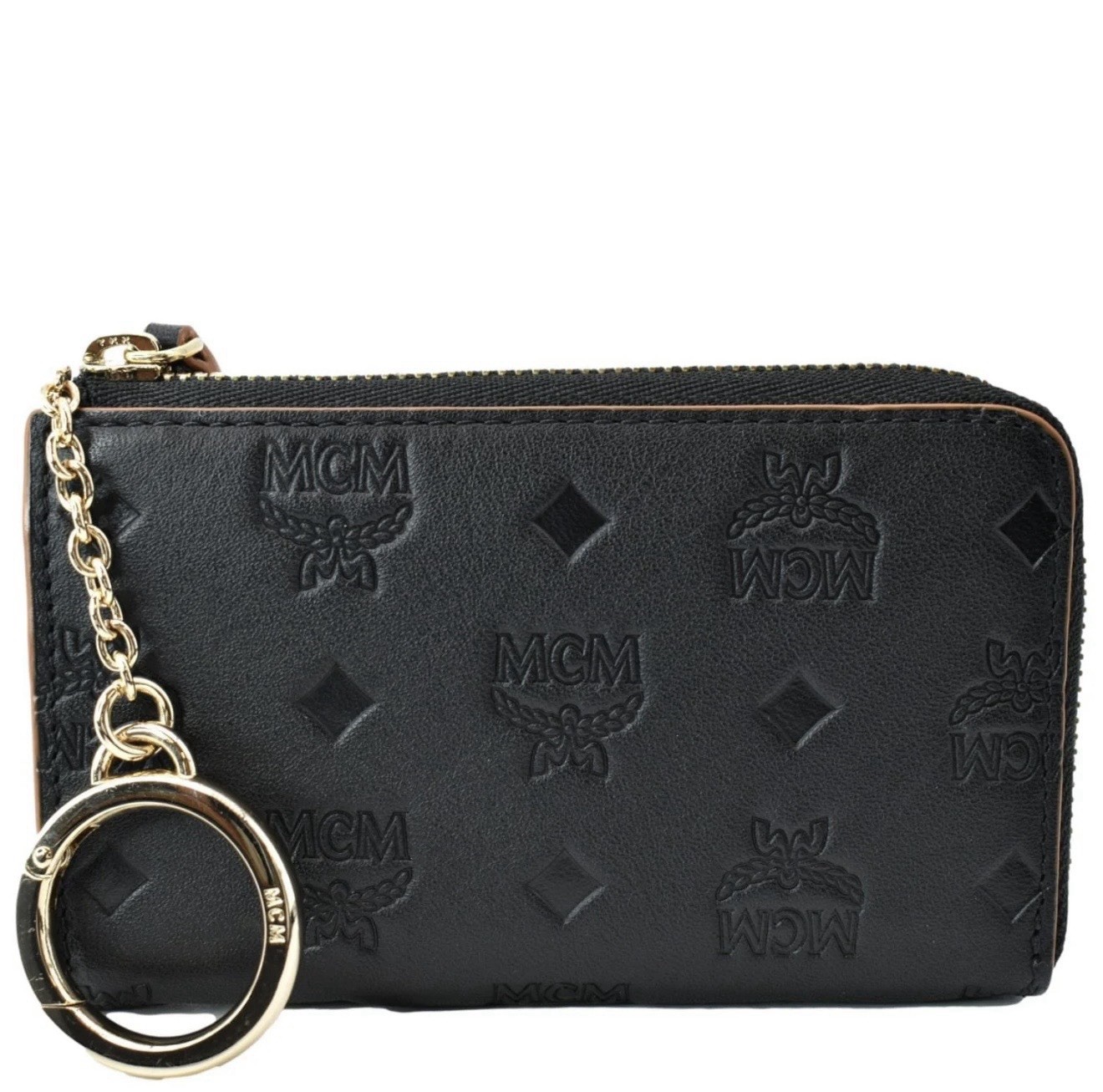 New MCM Aren Mini Embossed Monogram Zip Wallet Black Tan New MCM Aren Mini Embossed Monogram Zip Wallet Black Tan