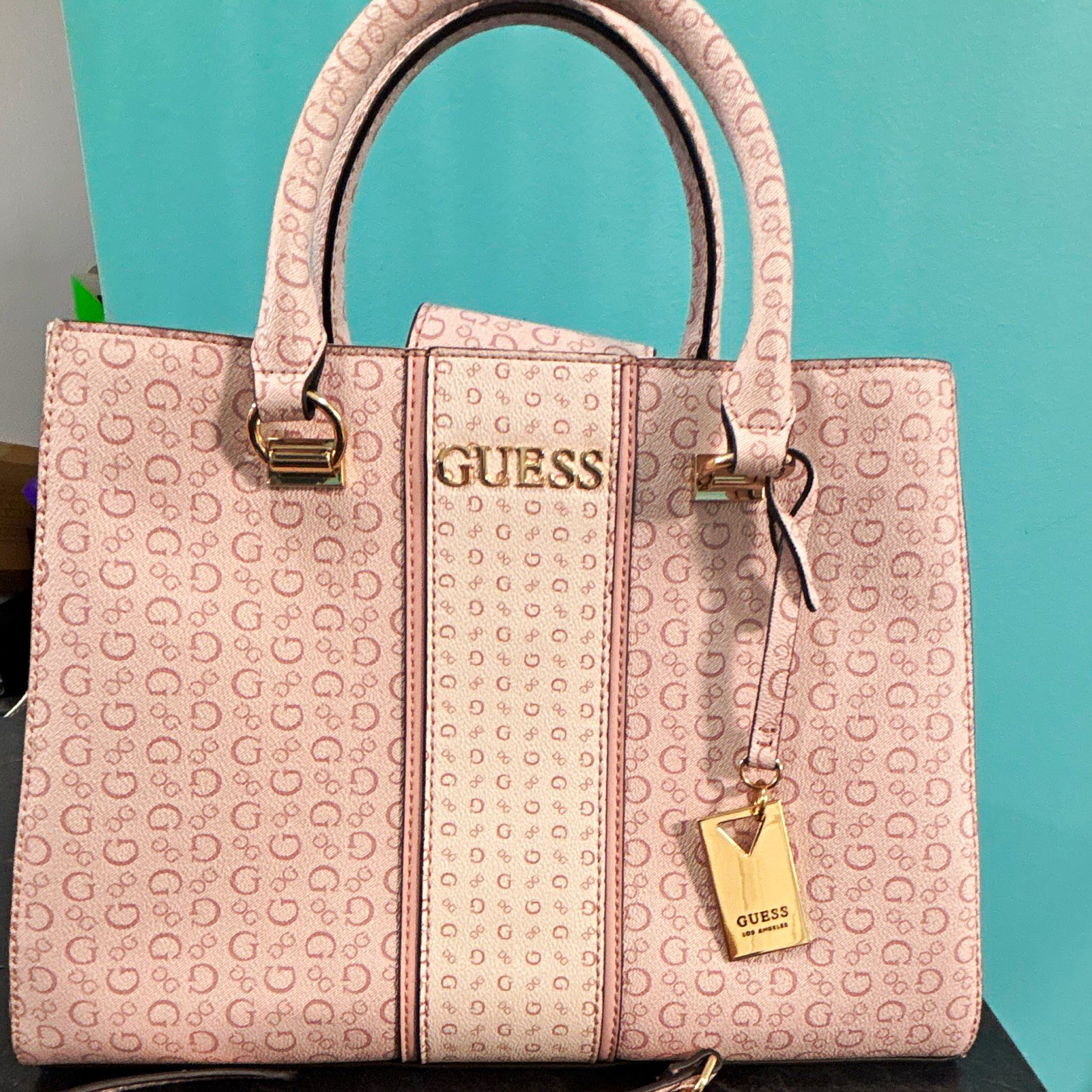 GUESS Pink Logo Print Satchel Top Handle Bag Gold Hardware Charm Zip